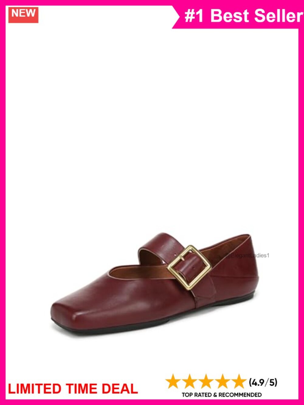 Franco Sarto Oakes Leather Square Toe Flats Adjustable Buckle Comfort Walking